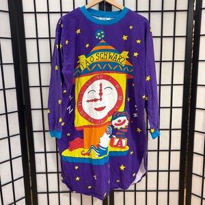 *RARE* FAO SCHWARZ Vtg 80s Purple Graphic Retro Long Sleeve Nightgown One Size